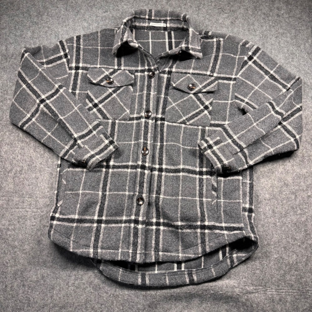 Staccato Shacket Womens Medium Grey Plaid Button Front‎ Flap Pocket 32134